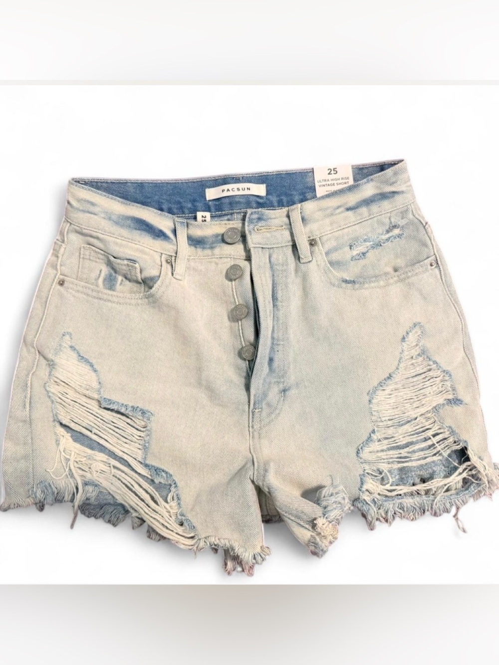 🩵NEW PacSun Light Blue High-Rise Distressed Denim Shorts Size 25
